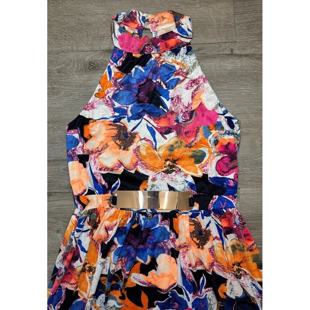 Floral Halter Maxi Dress Gold Waist Detail Tropical Resort Large - Picture 3 of 8